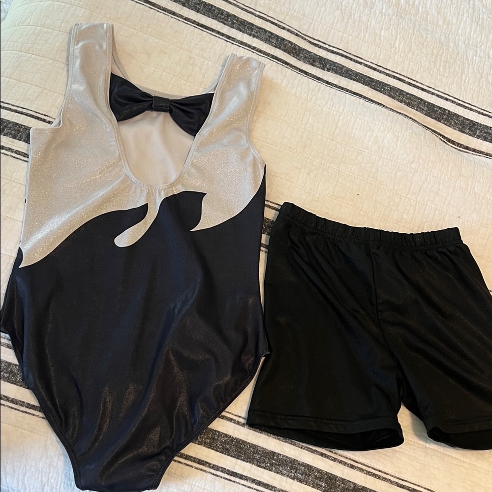 Elegant Black and Silver Leotard with Shorts - Picture 2 of 4